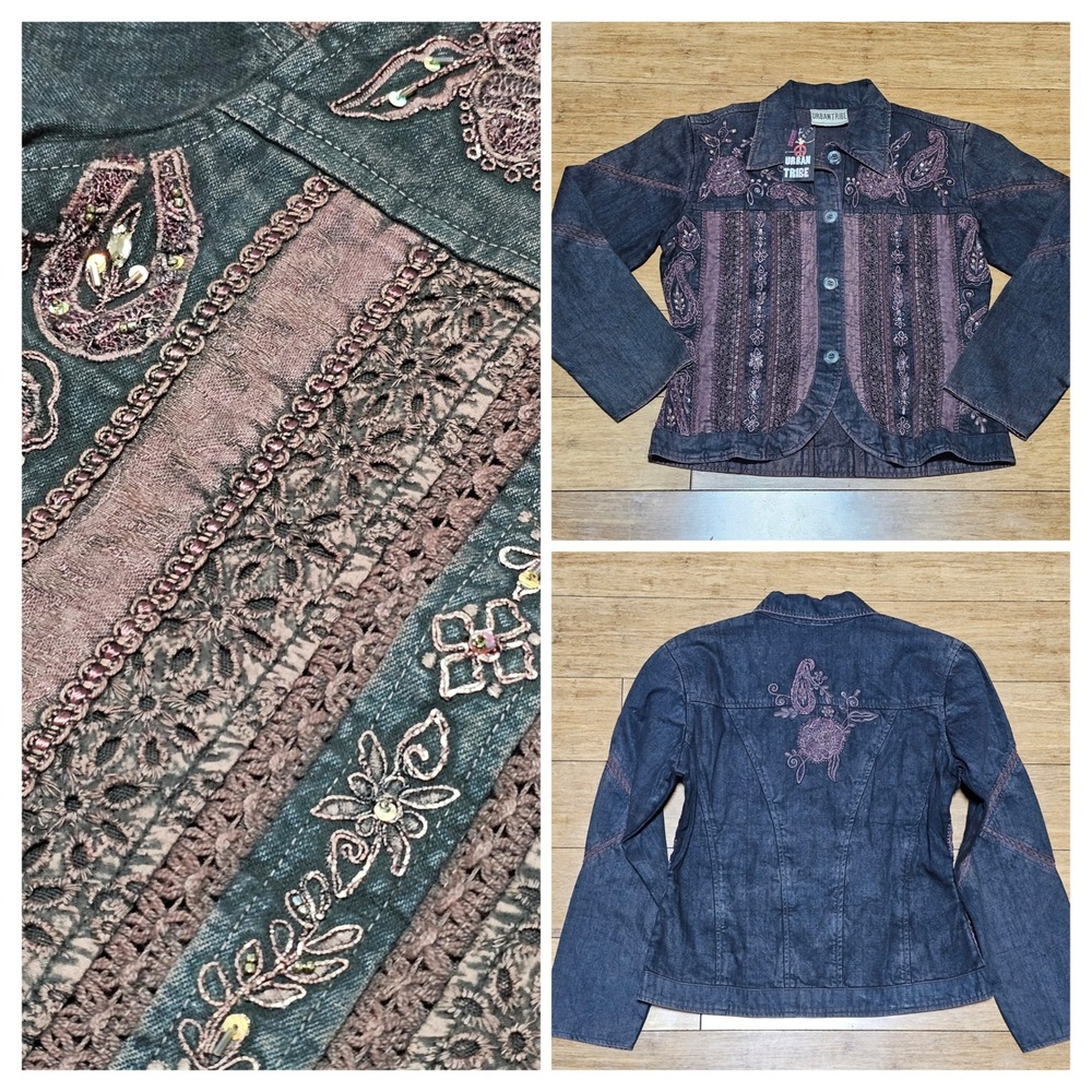 Urban Tribe Denim Jacket Women L Dark Wash Boho Artsy Pheobe Buffay NWT Y2K 2005